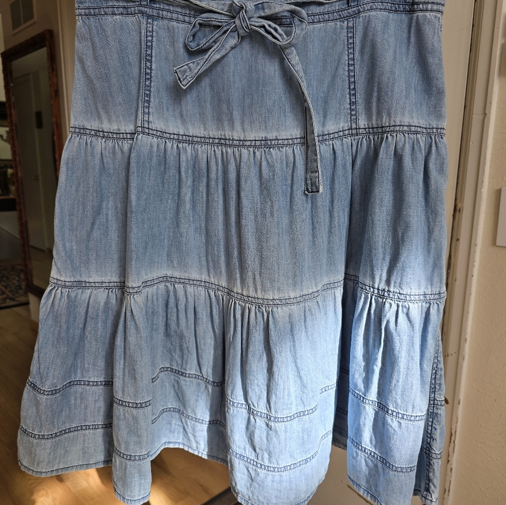 Sundance Blue Midi Bubble Skirt with Tie Front and Tiered Design